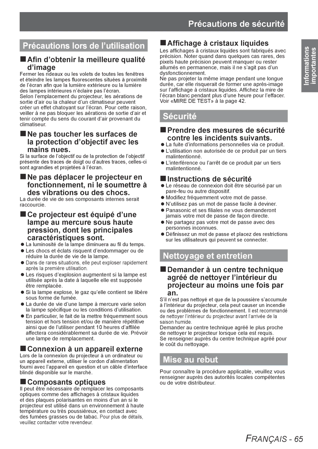 Panasonic TQBJ0302 manual Précautions lors de l’utilisation, Sécurité, Nettoyage et entretien, Mise au rebut 