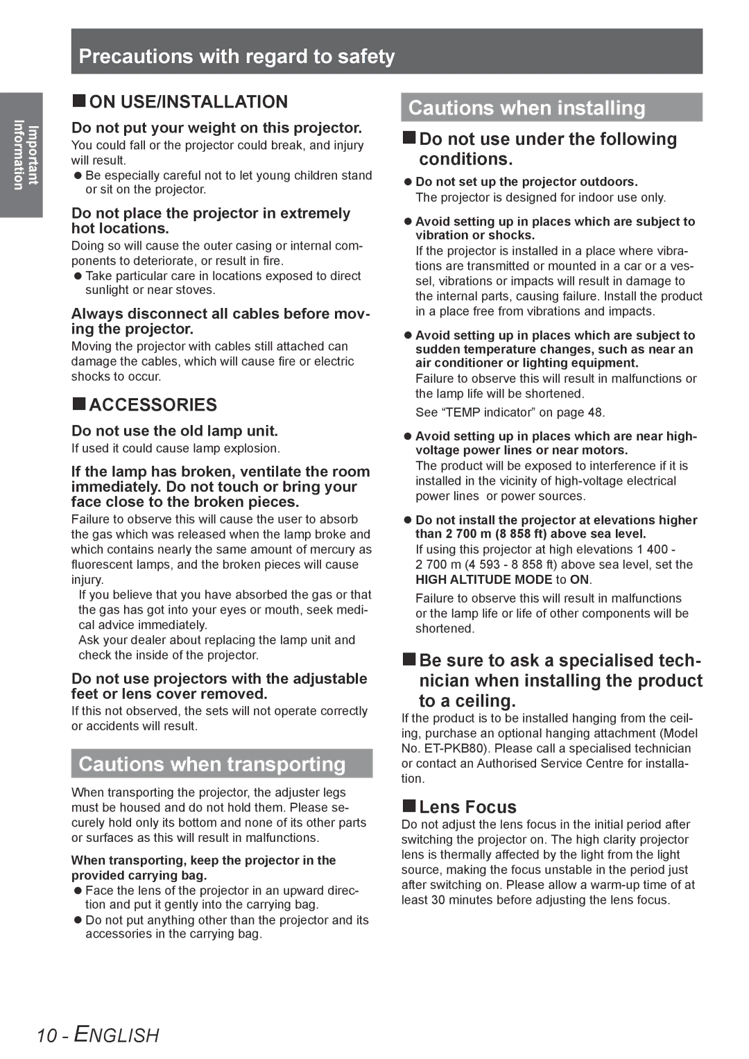 Panasonic TQBJ0303-1 manual „„Lens Focus, Do not put your weight on this projector, Do not use the old lamp unit 