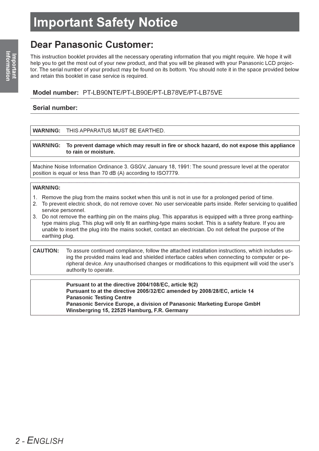 Panasonic TQBJ0303-1 manual ImportantSafetySafetyNotice Notice, Serial number 