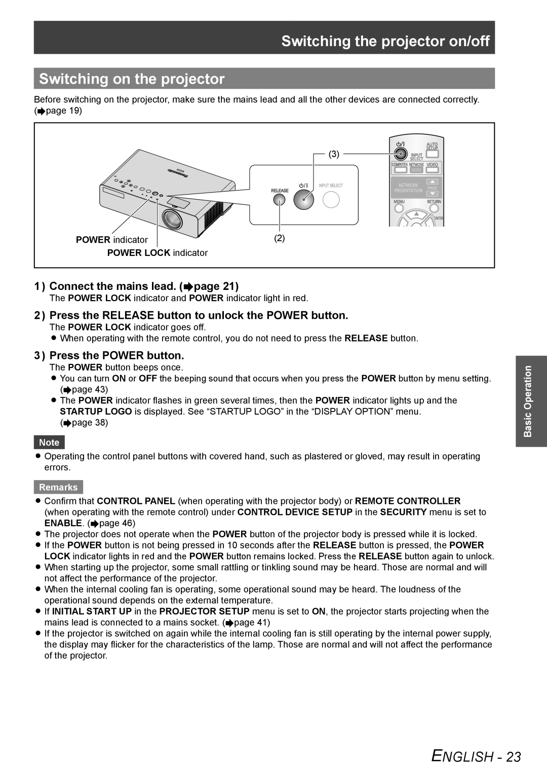 Panasonic TQBJ0303-1 manual Switching the projector on/off Switching on the projector, Connect the mains lead. Æpage 