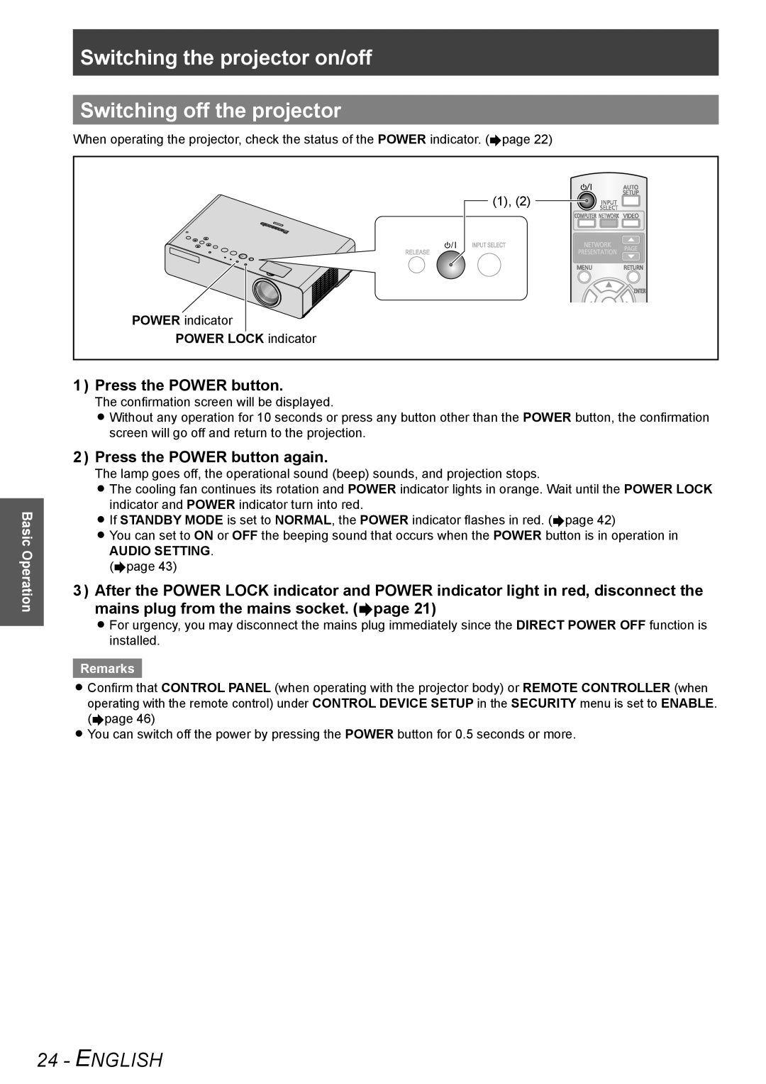 Panasonic TQBJ0303-1 manual Switching the projector on/off Switching off the projector, Press the Power button again 