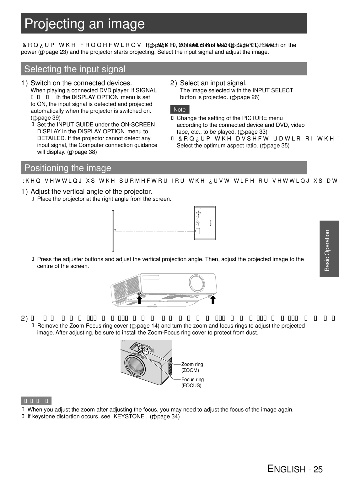 Panasonic TQBJ0303-1 manual Projecting an image, Selecting the input signal, Positioning the image 