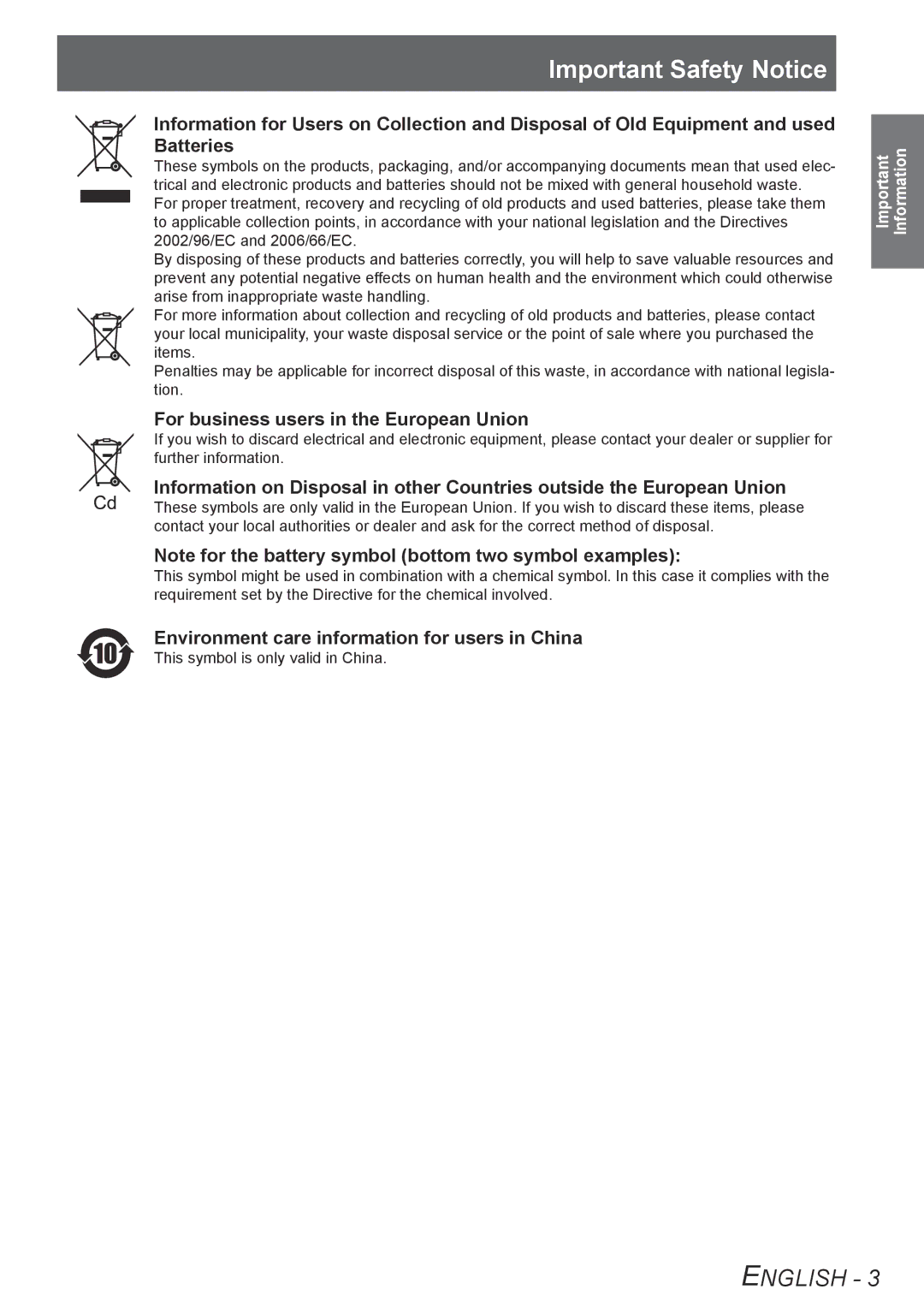 Panasonic TQBJ0303-1 manual Important Safety Notice, For business users in the European Union 