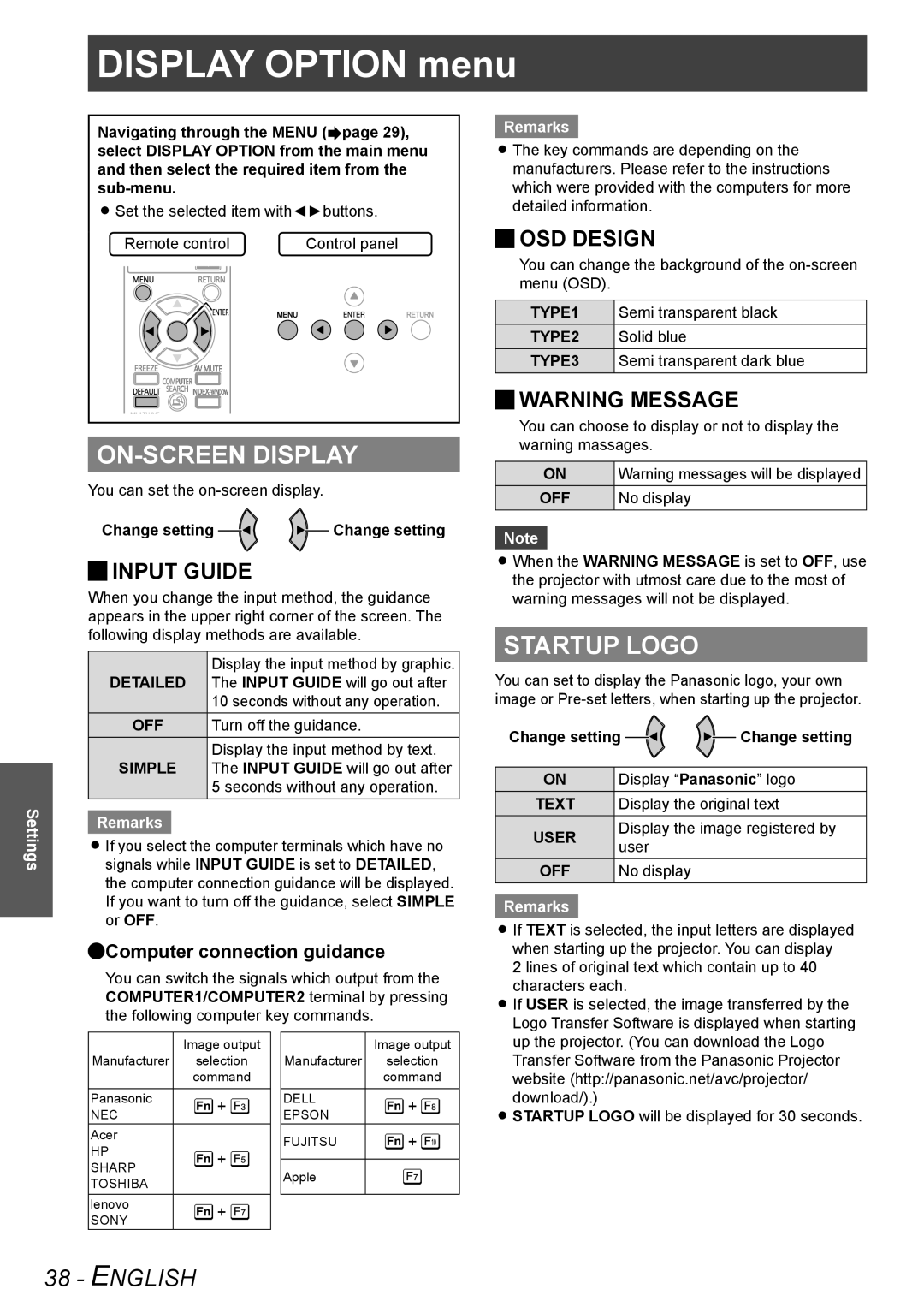 Panasonic TQBJ0303-1 manual DISPLAYOPTIOPTIONmenu menu, ON-SCREEN Display, Startup Logo 