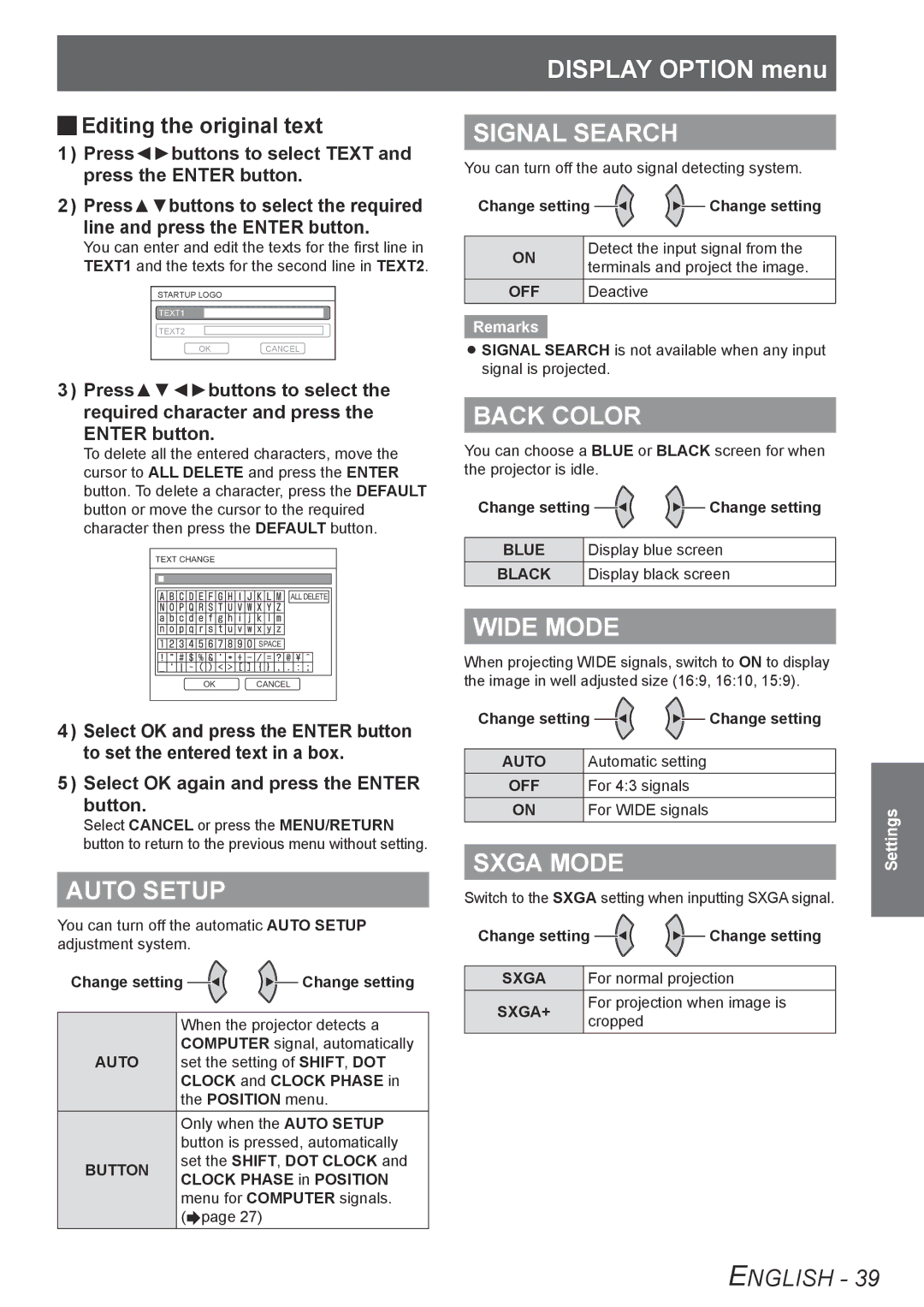 Panasonic TQBJ0303-1 manual Auto Setup, Signal Search, Back Color, Wide Mode, Sxga Mode 