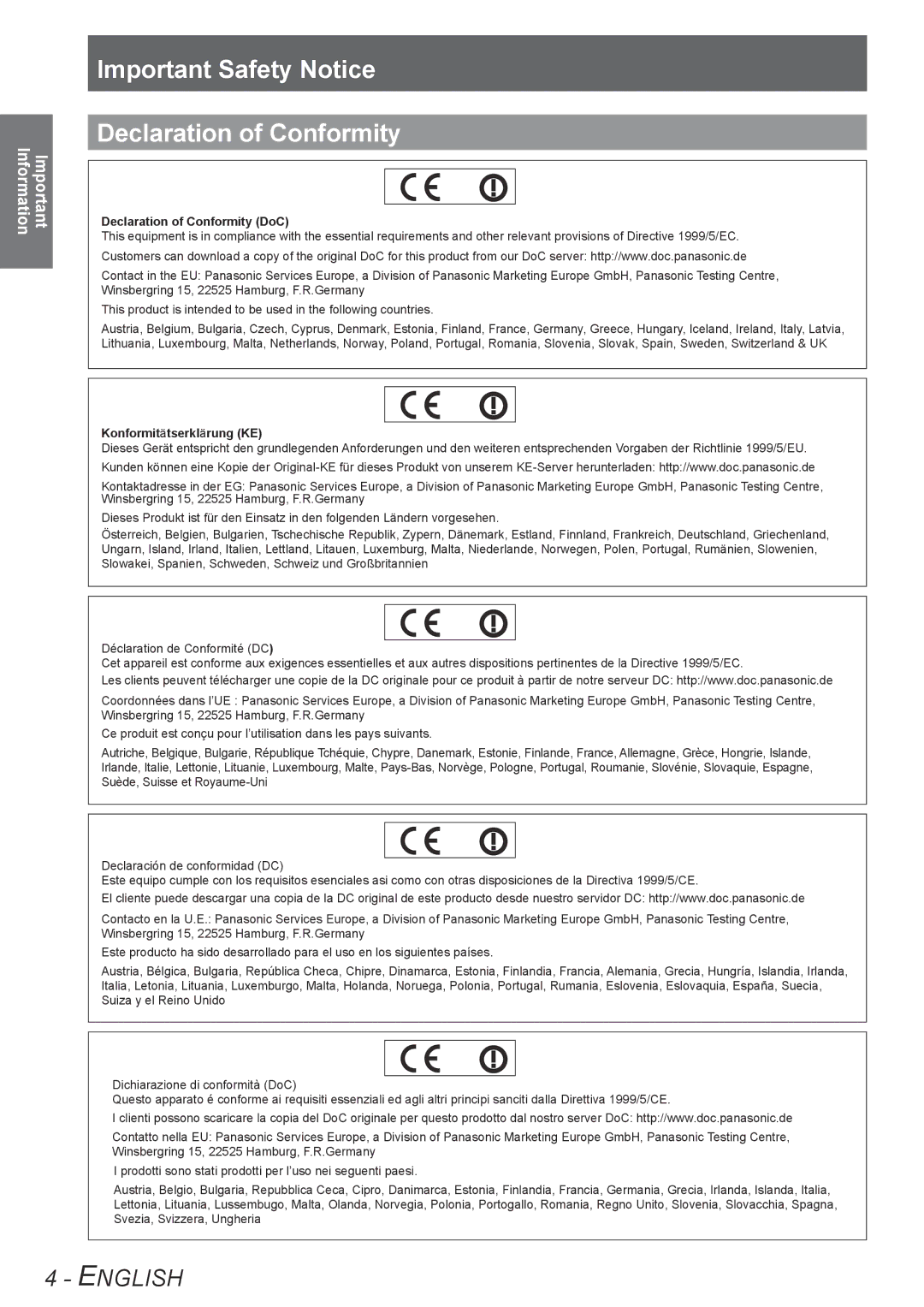 Panasonic TQBJ0303-1 manual Important Safety Notice Declaration of Conformity, Declaration of Conformity DoC 