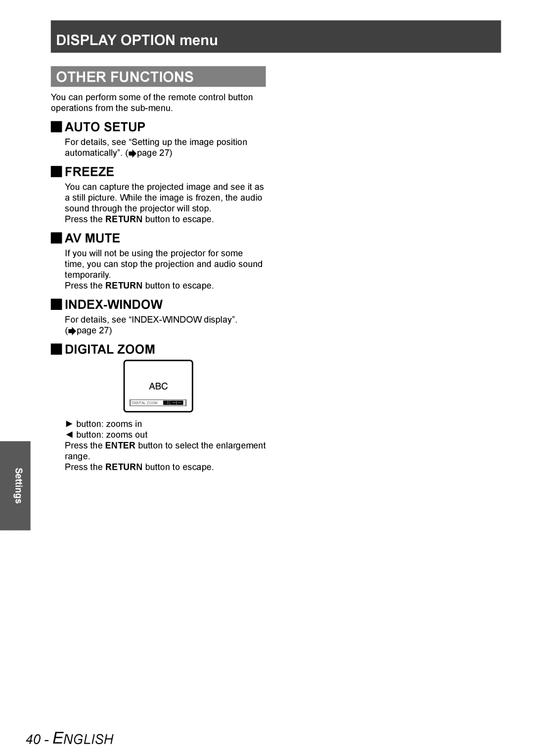 Panasonic TQBJ0303-1 manual Other Functions 