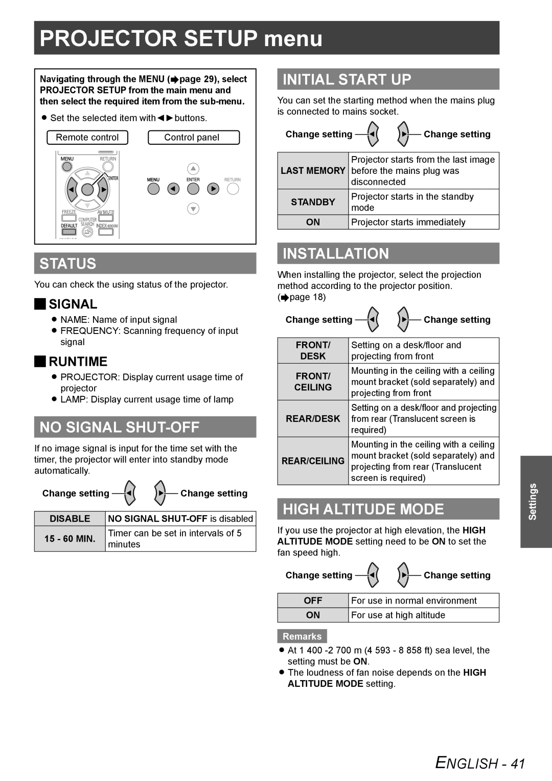 Panasonic TQBJ0303-1 manual Projector Setup menuPROJECTOR Setup menu 