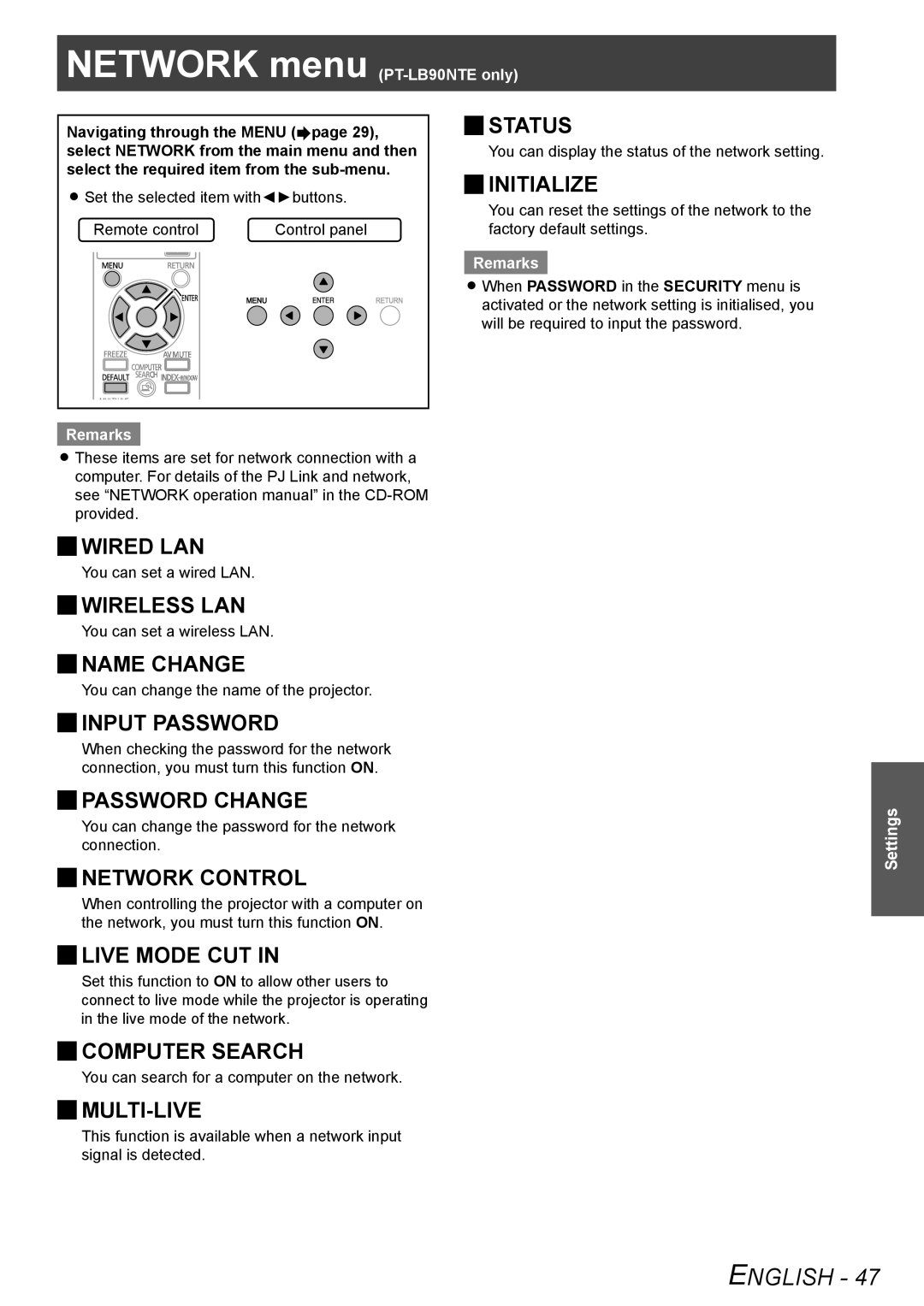 Panasonic TQBJ0303-1 Jjwired LAN, Jjwireless LAN, Jjname Change, Jjinput Password Jjstatus, Jjinitialize, Jjlive Mode CUT 