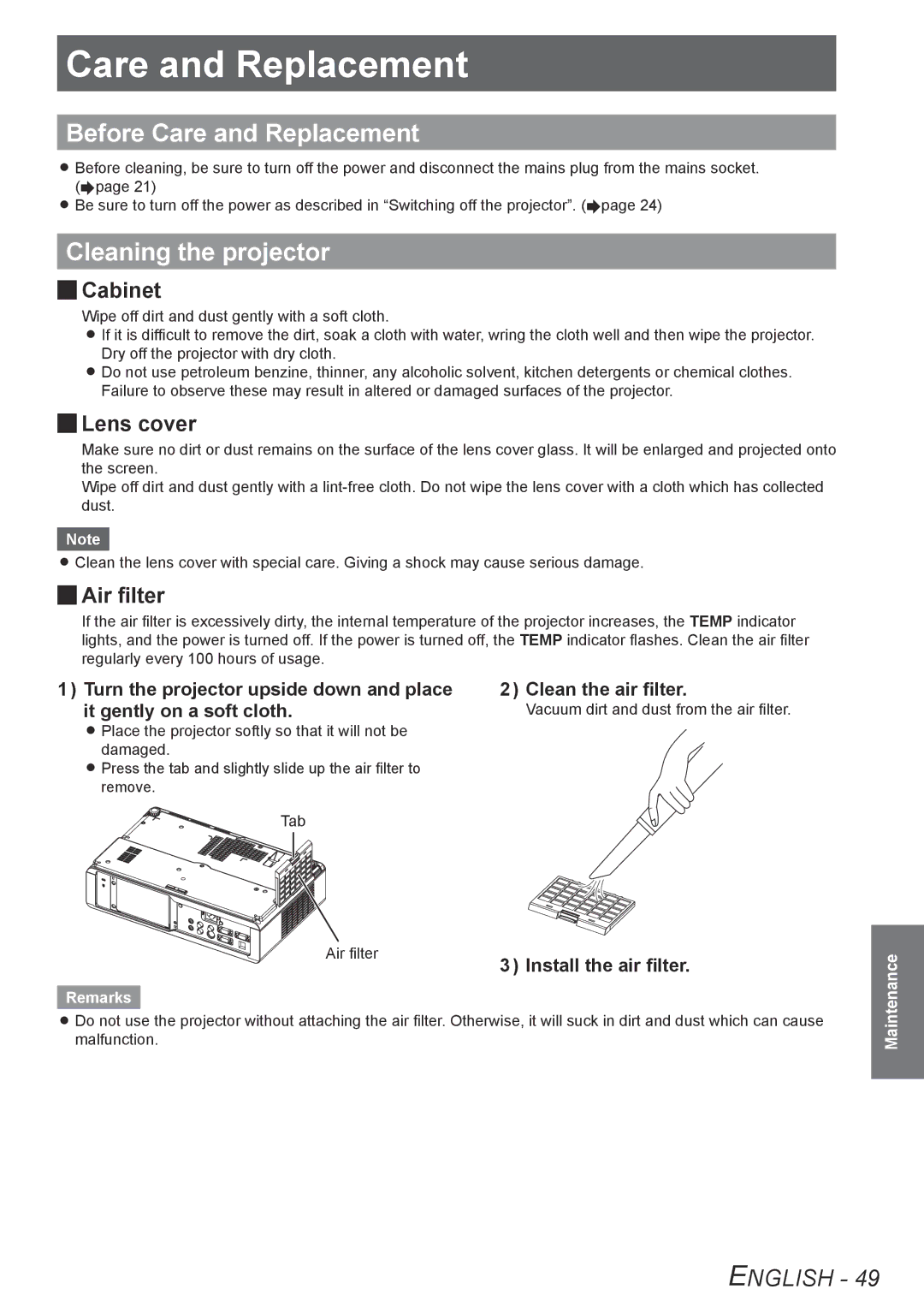 Panasonic TQBJ0303-1 manual Before Care and Replacement, Cleaning the projector 