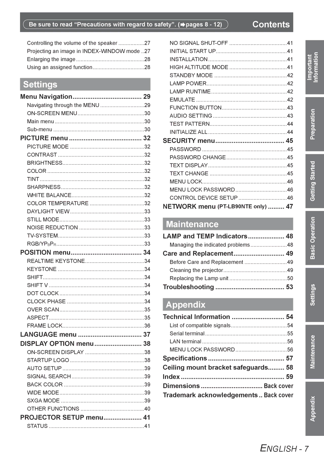 Panasonic TQBJ0303-1 manual Contents, Settings, Maintenance, Appendix 