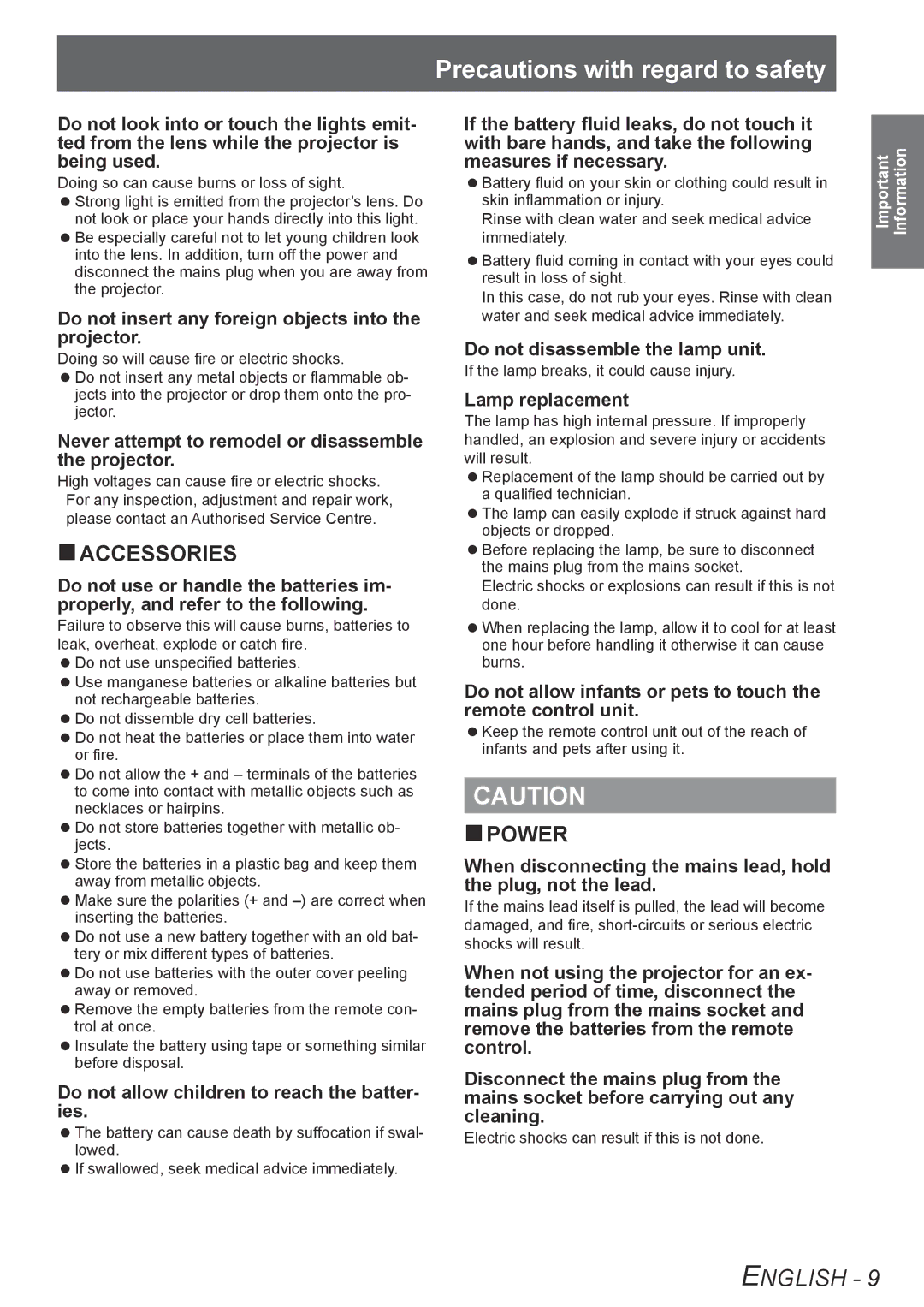 Panasonic TQBJ0303-1 manual Precautions with regard to safety 