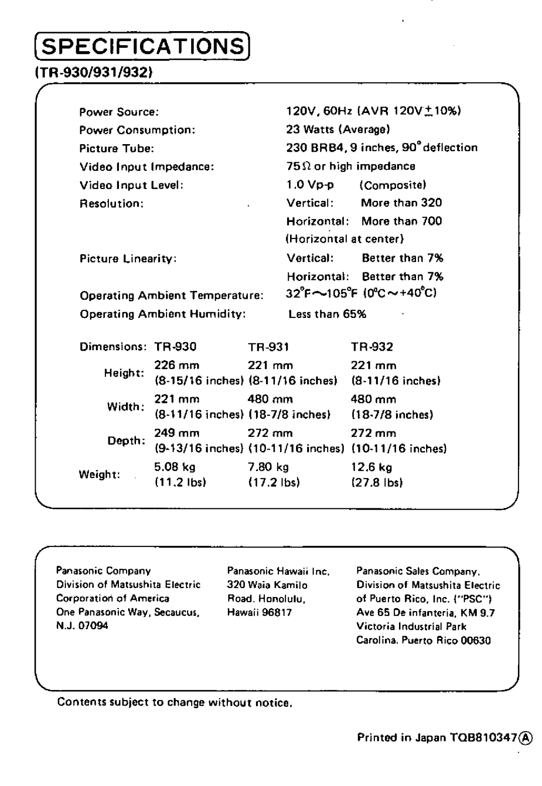 Panasonic TR-930, TR-931, TR-932 manual 