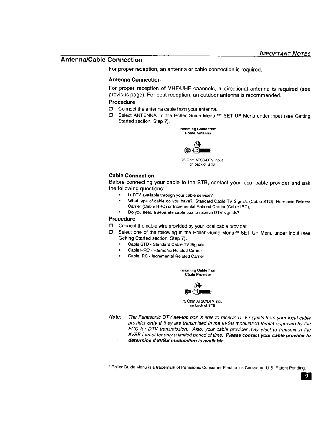 Panasonic TU-DST51 manual Antenna/Cable Connection 