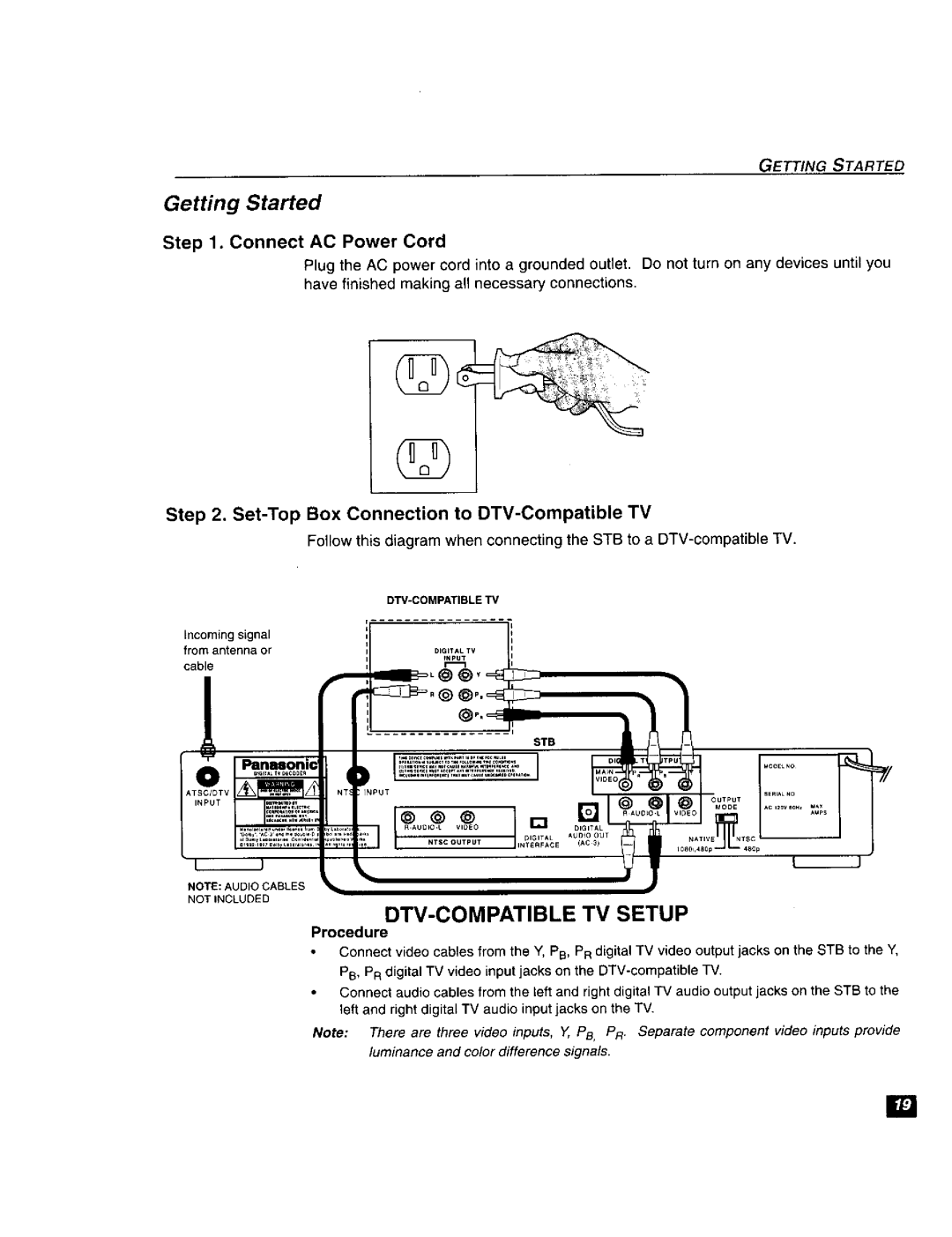 Panasonic TU-DST51 manual Getting Started, DTV-COMPATIBLE TV Setup, Connect AC Power Cord 