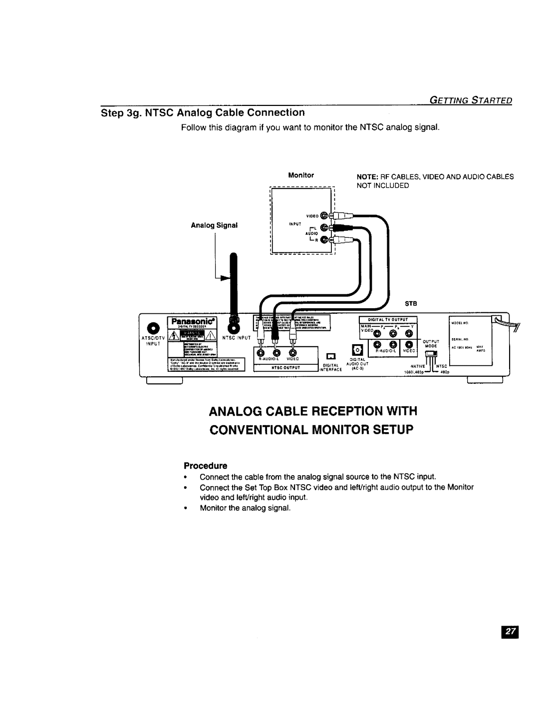 Panasonic TU-DST51 manual Analog Cable Reception with Conventional Monitor Setup, Ntsc Analog Cable Connection 