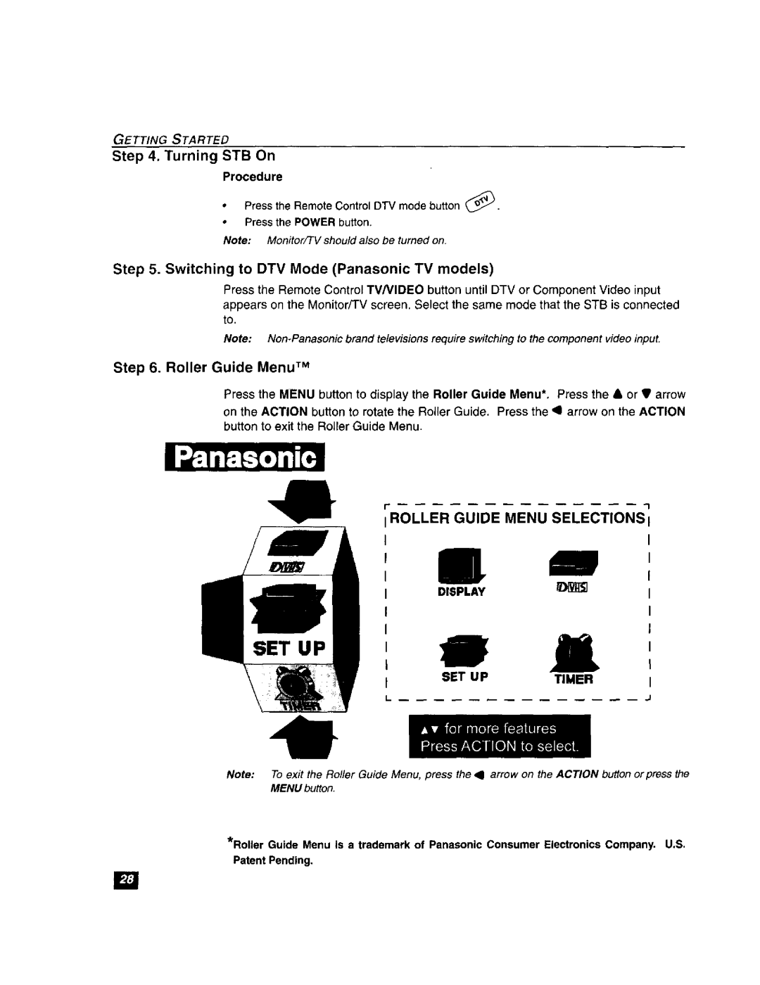 Panasonic TU-DST51 manual Turning STB On, Switching to DTV Mode Panasonic TV models, Roller Guide Menu TM 