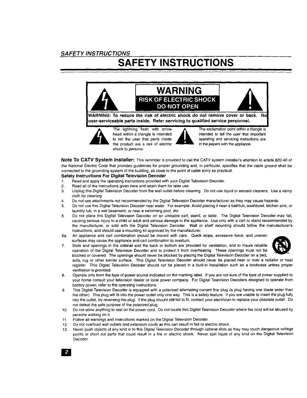 Panasonic TU-DST51 manual Safety Instructions For Digital Television Decoder 