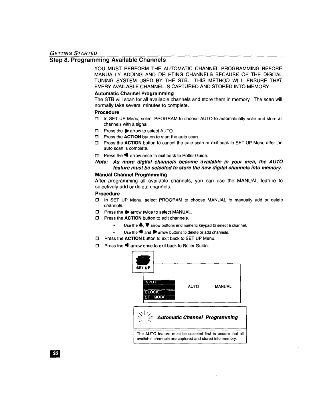 Panasonic TU-DST51 manual Programming Available Channels, Auto feature must be selected first to ensure that all 