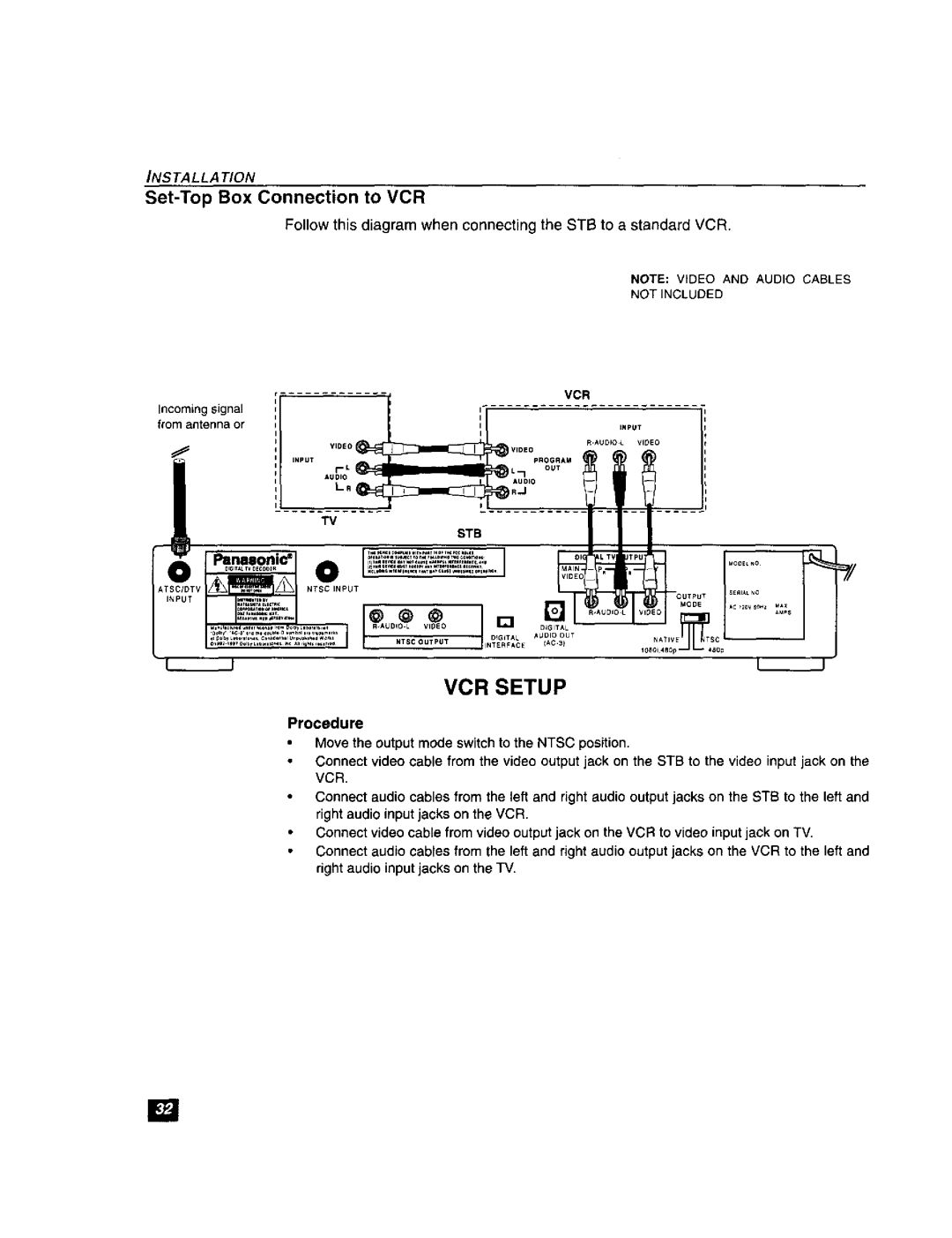 Panasonic TU-DST51 manual VCR Setup, Set-Top Box Connection to VCR 