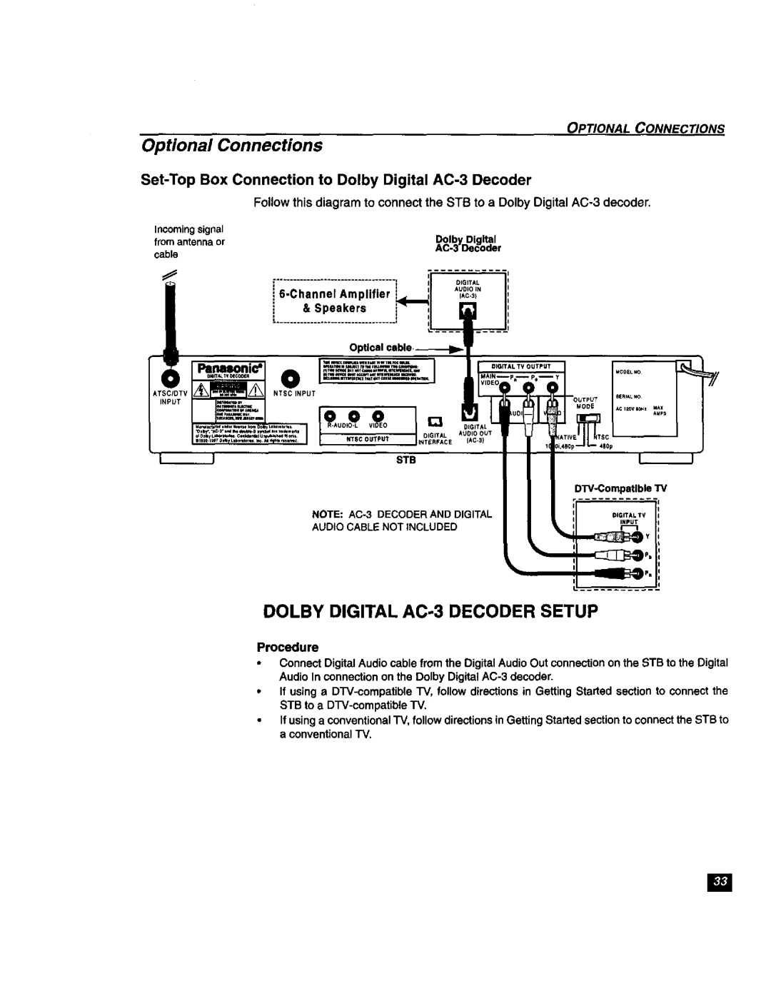 Panasonic TU-DST51 manual Optional Connecons, Dolby Digital AC-3 Decoder Setup, DTV-Compatlble TV 