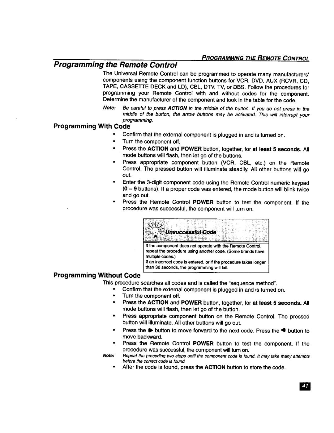 Panasonic TU-DST51 manual Programming the Remote Control, Programming With Code, Programming Without Code 