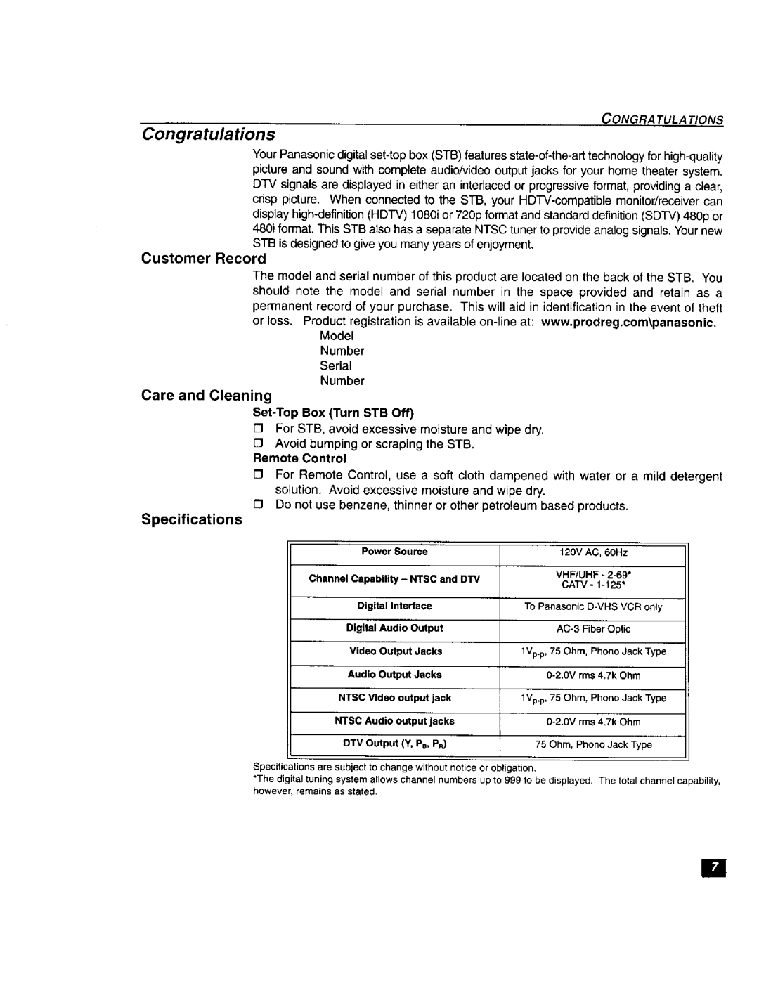 Panasonic TU-DST51 manual Congratulations, Customer Record, Care and Cleaning, Specifications 