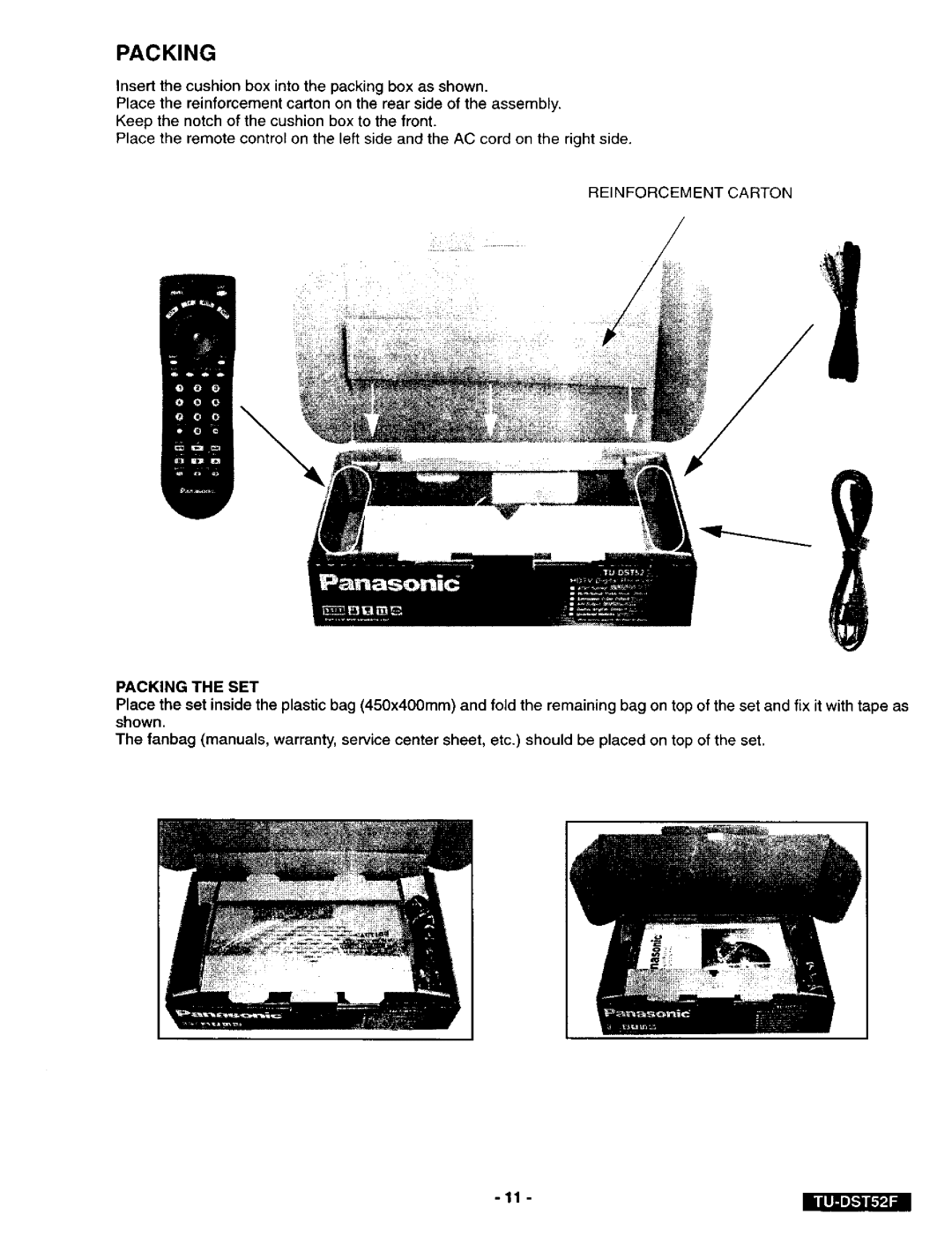 Panasonic TU-DST52F manual Packing the SET 