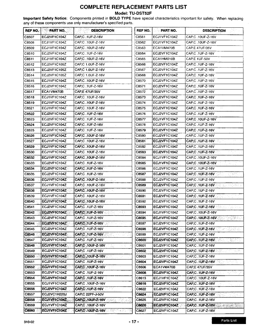 Panasonic TU-DST52F manual 31o-o2, Caec .1UF-Z-16V, CAP, C .1UF-Z-16V, CAP, C .1UF.Z-16V 