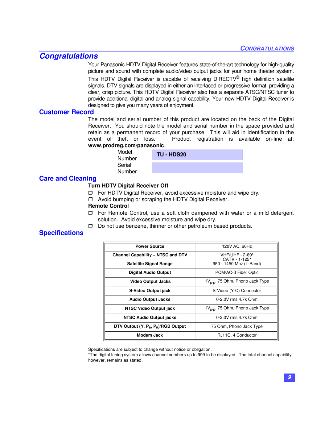 Panasonic TU-HDS20 manual Congratulations, Customer Record, Care and Cleaning, Specifications 