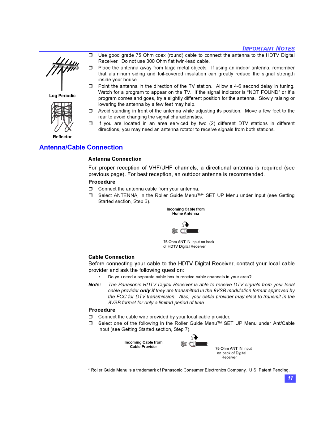 Panasonic TU-HDS20 manual Antenna/Cable Connection, Antenna Connection, Procedure 