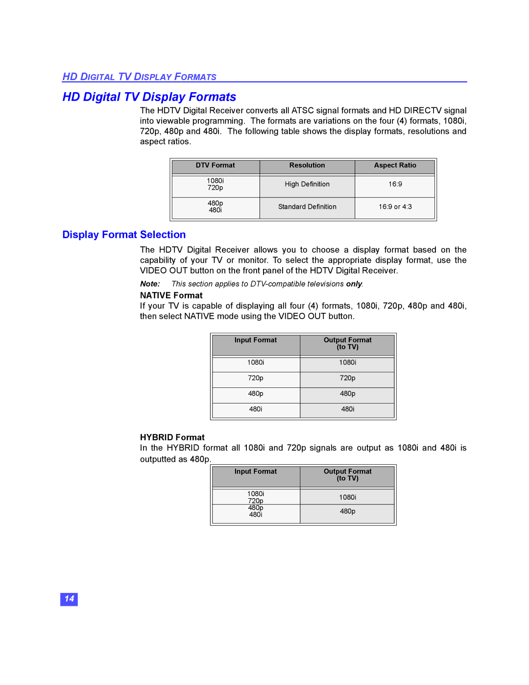 Panasonic TU-HDS20 manual HD Digital TV Display Formats, Display Format Selection, Native Format, Hybrid Format 