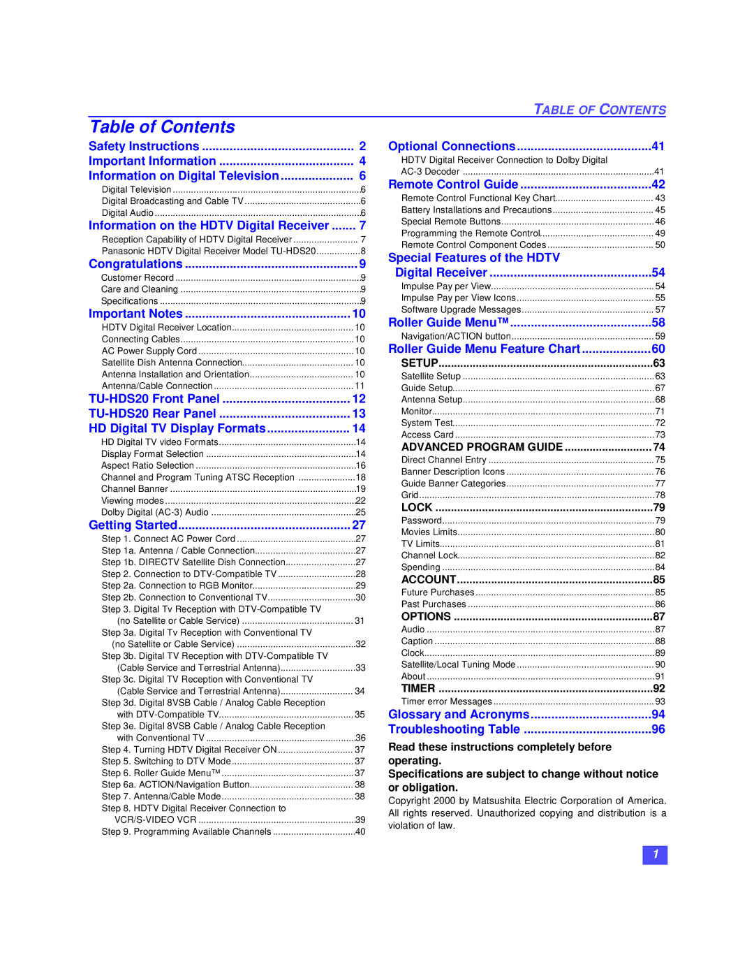 Panasonic TU-HDS20 manual Table of Contents 