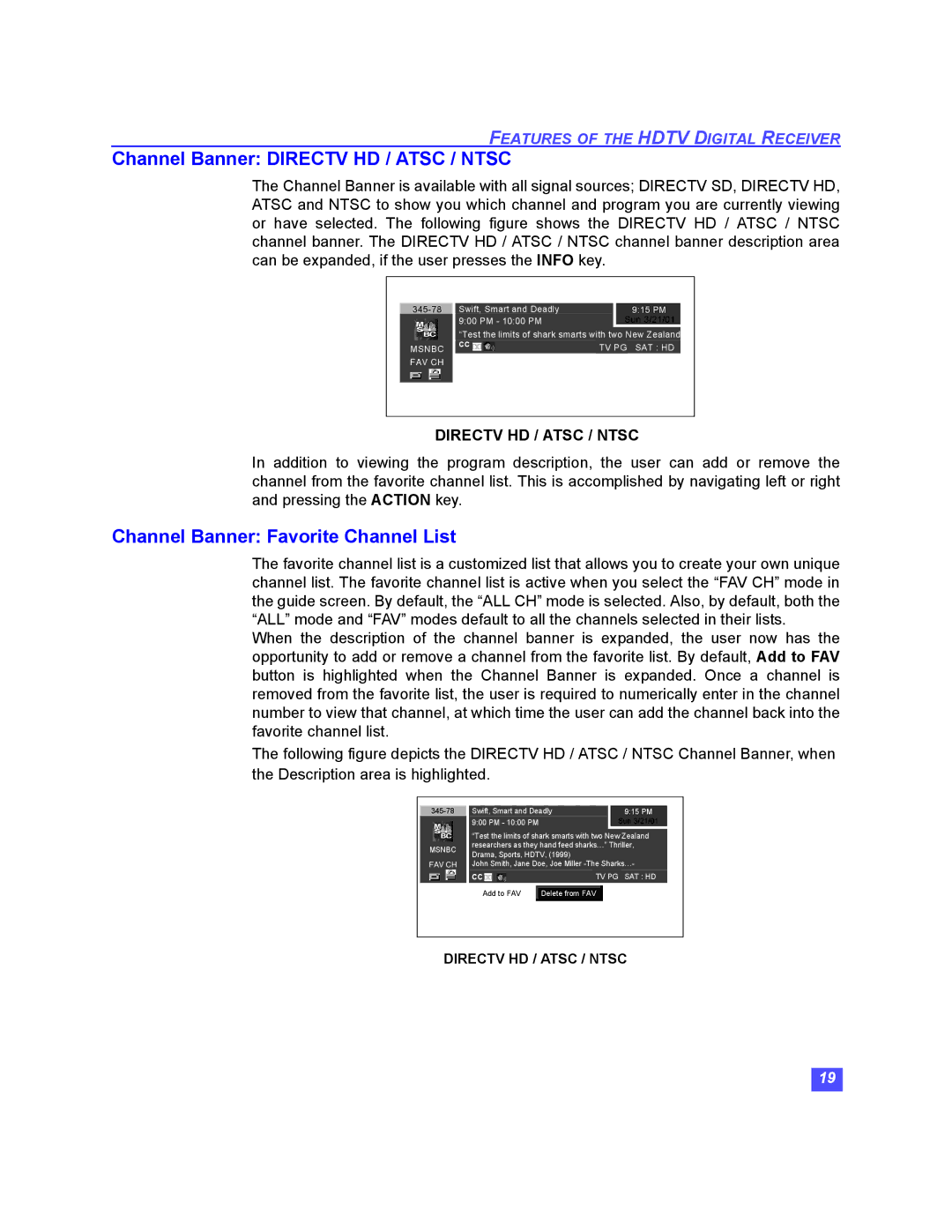 Panasonic TU-HDS20 manual Channel Banner Directv HD / Atsc / Ntsc, Channel Banner Favorite Channel List 