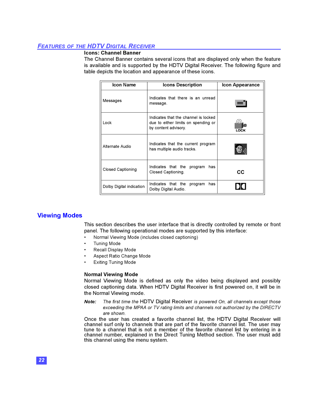 Panasonic TU-HDS20 manual Viewing Modes, Icons Channel Banner, Normal Viewing Mode 