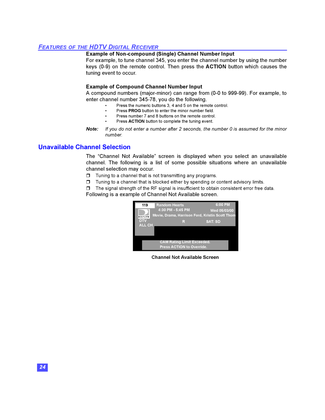 Panasonic TU-HDS20 manual Unavailable Channel Selection, Example of Non-compound Single Channel Number Input 