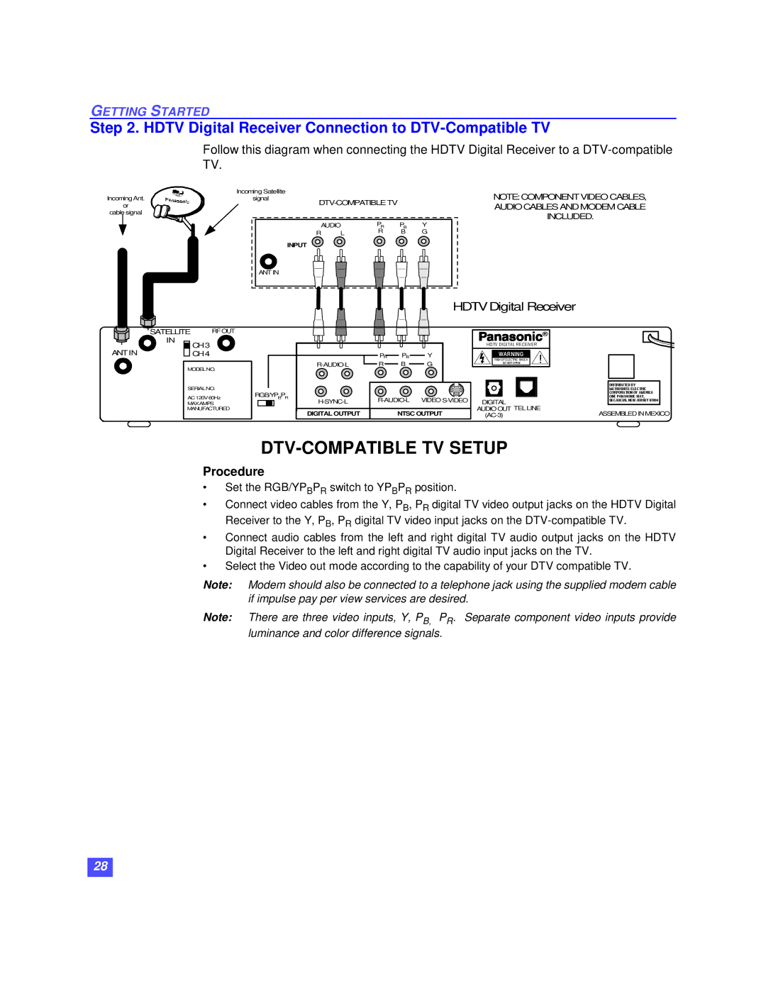 Panasonic TU-HDS20 manual Hdtv Digital Receiver Connection to DTV-Compatible TV 