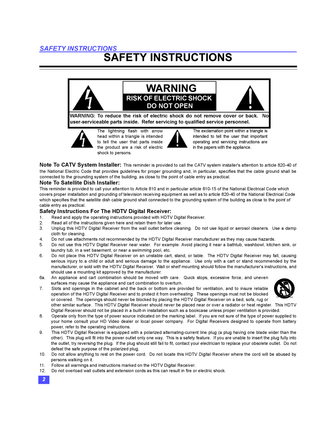 Panasonic TU-HDS20 manual Safety Instructions For The Hdtv Digital Receiver 