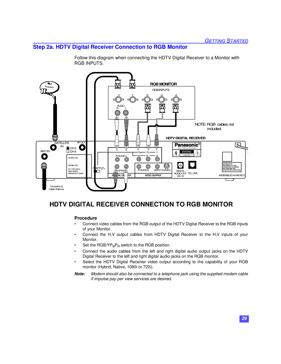 Panasonic TU-HDS20 manual Hdtv Digital Receiver Connection to RGB Monitor, RGB Inputs 