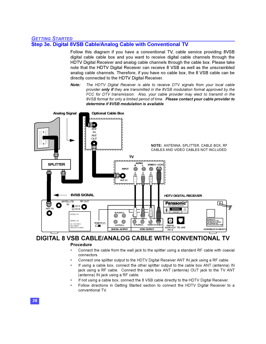 Panasonic TU-HDS20 manual Digital 8VSB Cable/Analog Cable with Conventional TV, 8VSB Signal 