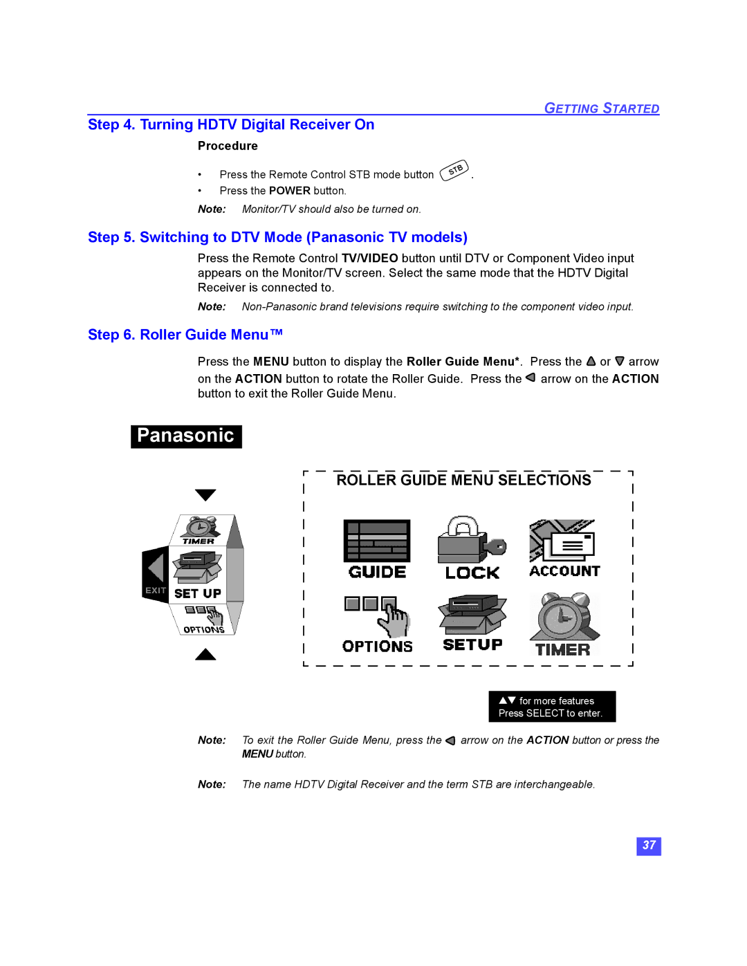 Panasonic TU-HDS20 manual Turning Hdtv Digital Receiver On, Switching to DTV Mode Panasonic TV models, Roller Guide Menu 