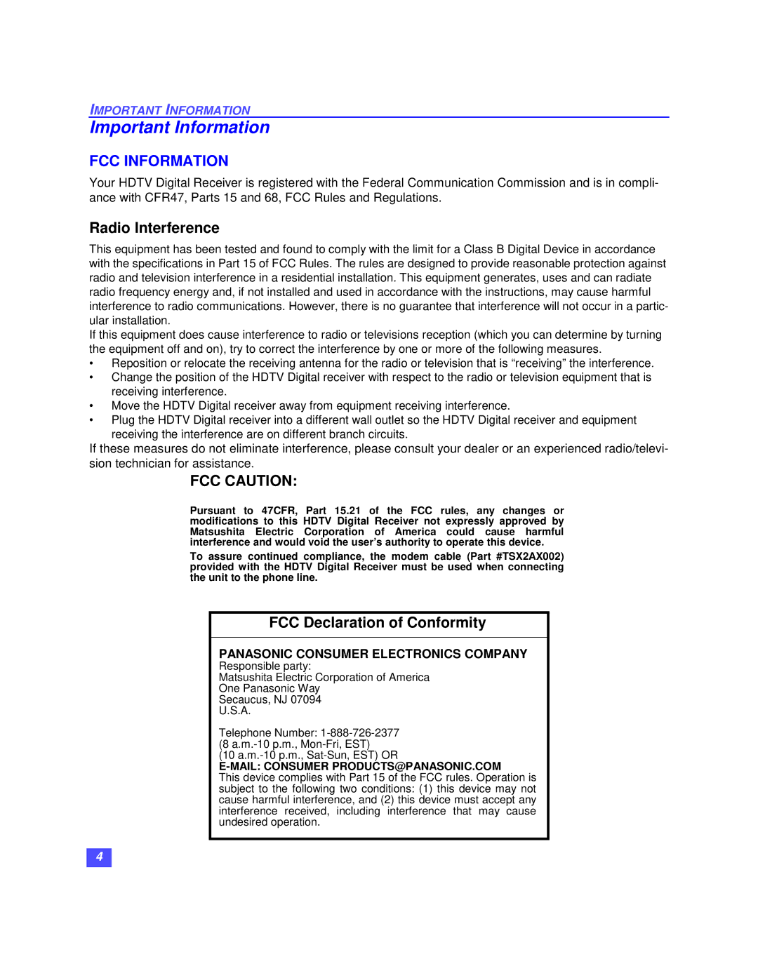 Panasonic TU-HDS20 manual Important Information, FCC Information 