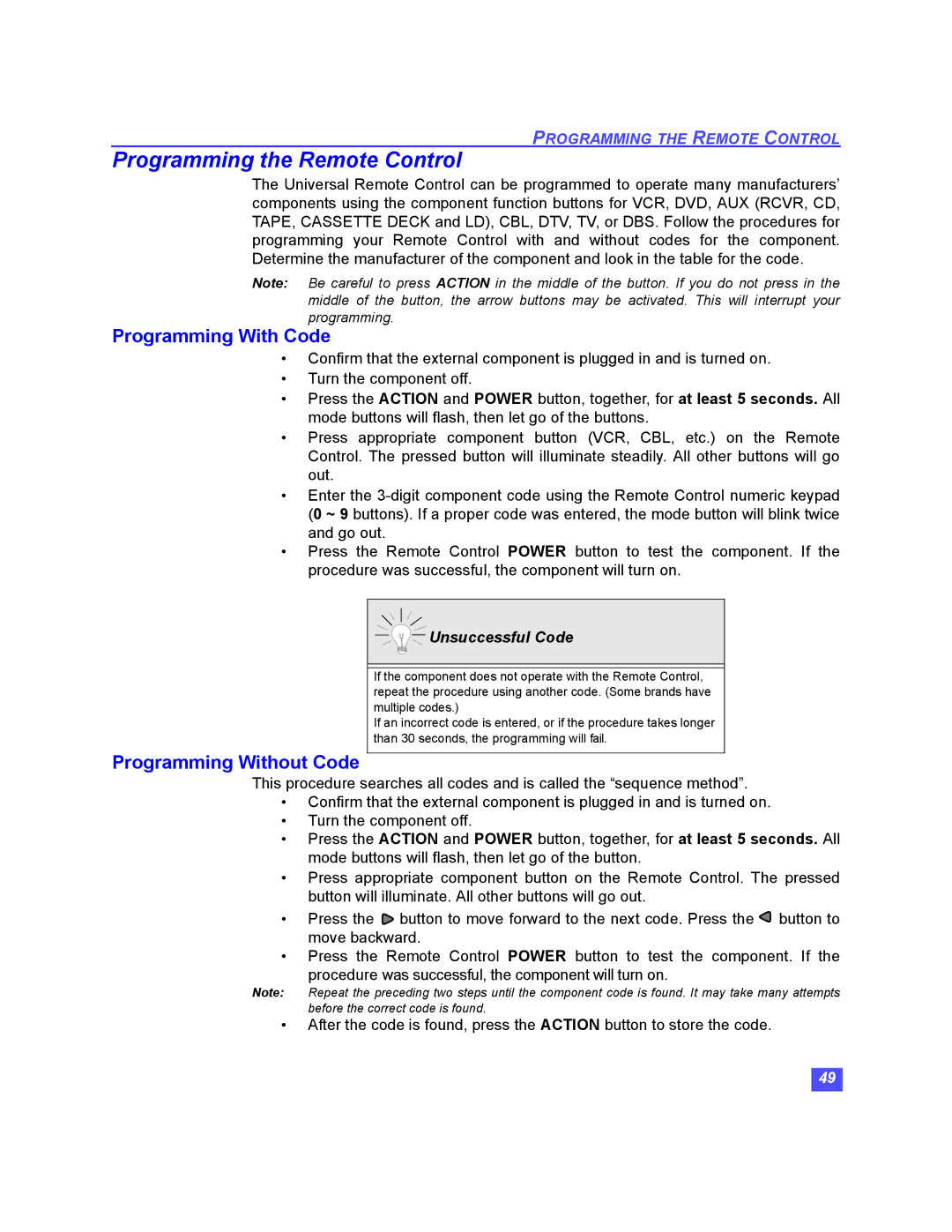 Panasonic TU-HDS20 manual Programming the Remote Control, Programming With Code, Programming Without Code 