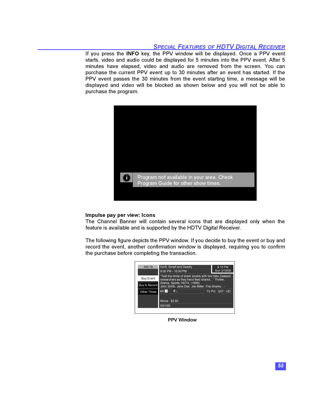 Panasonic TU-HDS20 manual Impulse pay per view Icons 