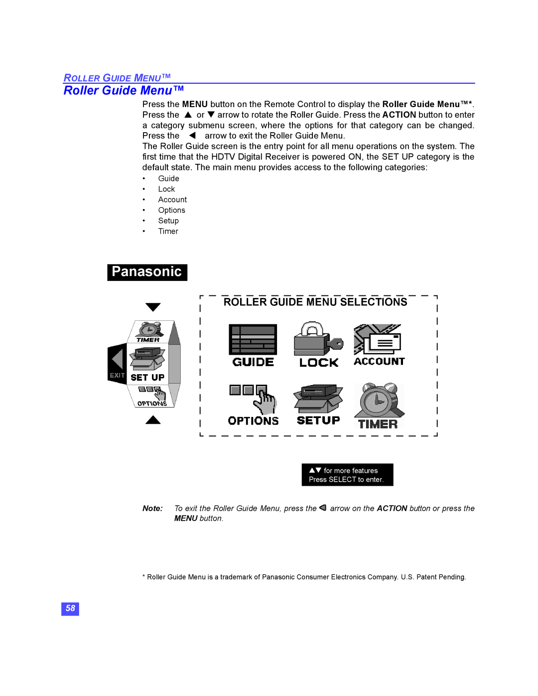 Panasonic TU-HDS20 manual Roller Guide Menu 