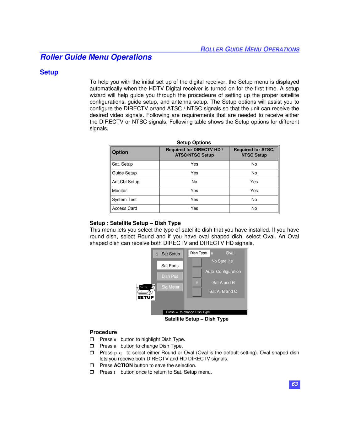 Panasonic TU-HDS20 manual Roller Guide Menu Operations, Setup Satellite Setup Dish Type 