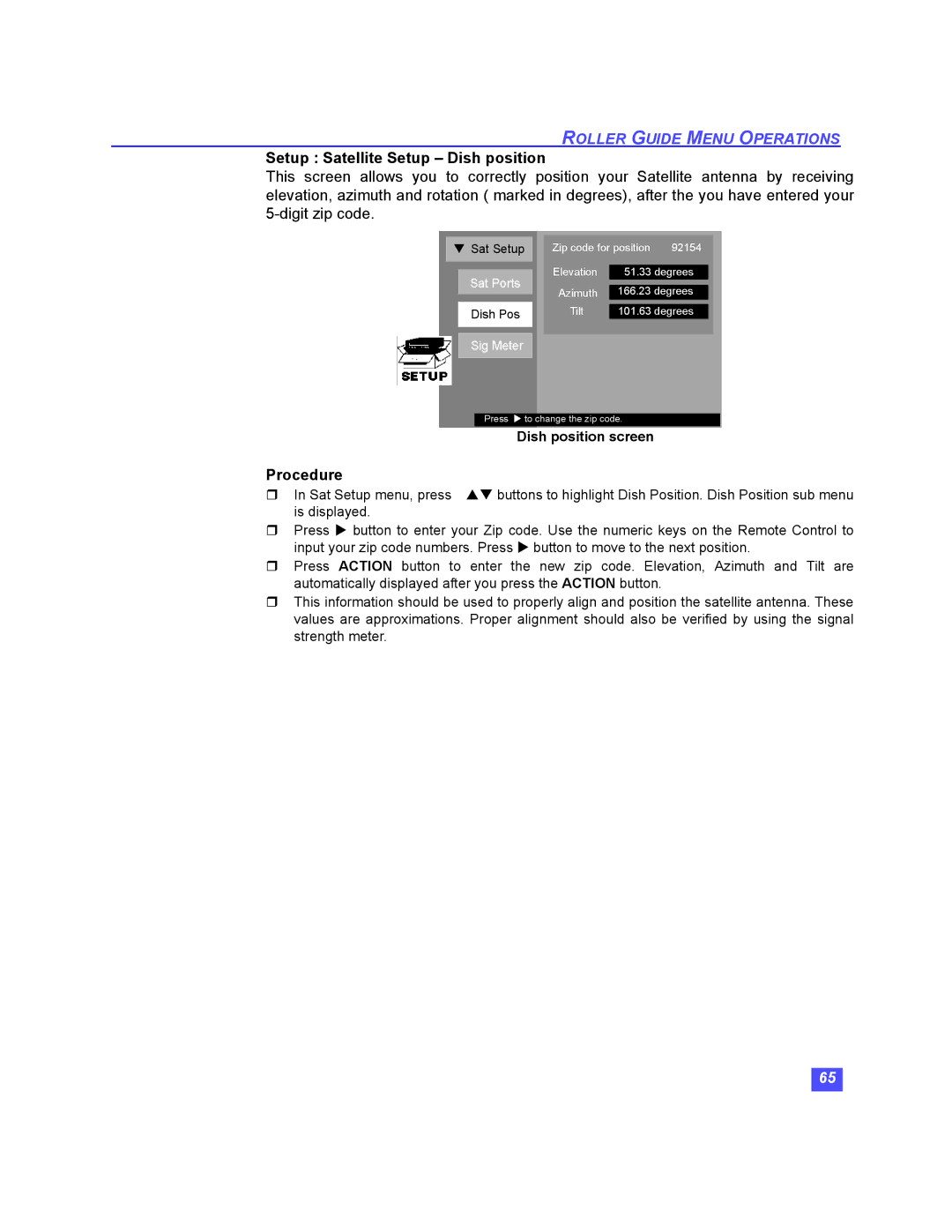 Panasonic TU-HDS20 manual Setup Satellite Setup Dish position 