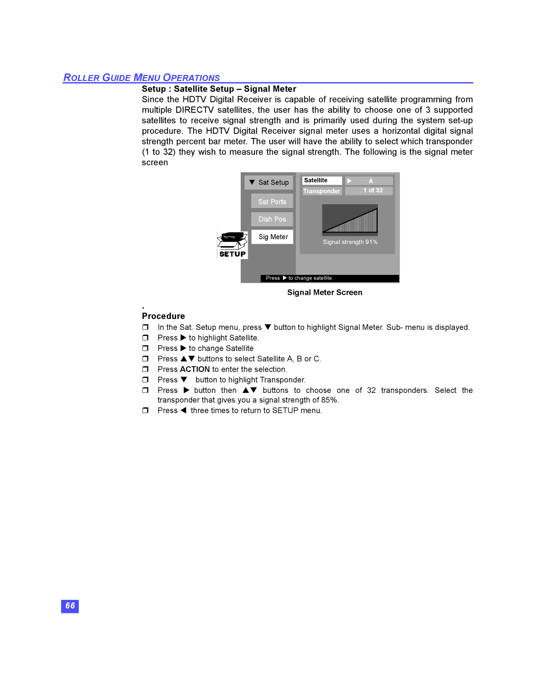 Panasonic TU-HDS20 manual Setup Satellite Setup Signal Meter 