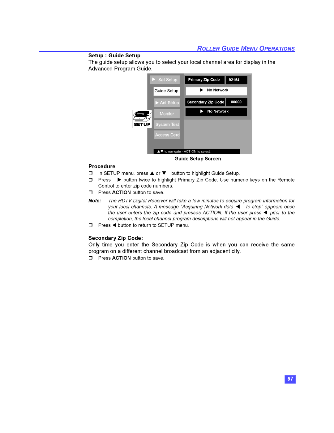 Panasonic TU-HDS20 manual Setup Guide Setup, Secondary Zip Code 