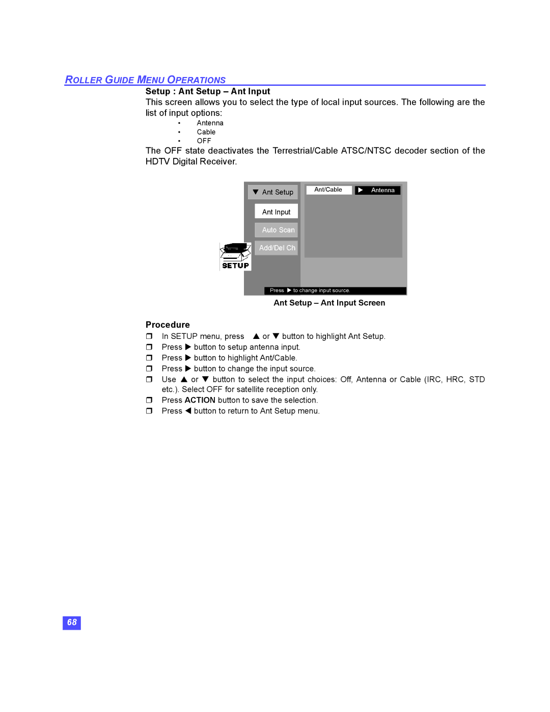 Panasonic TU-HDS20 manual Setup Ant Setup Ant Input 